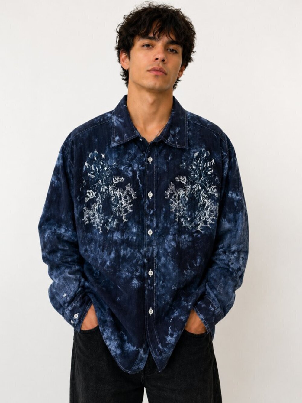 Shirt Grunge Blue Black Graphic Y2K Button Up Streetwear Large